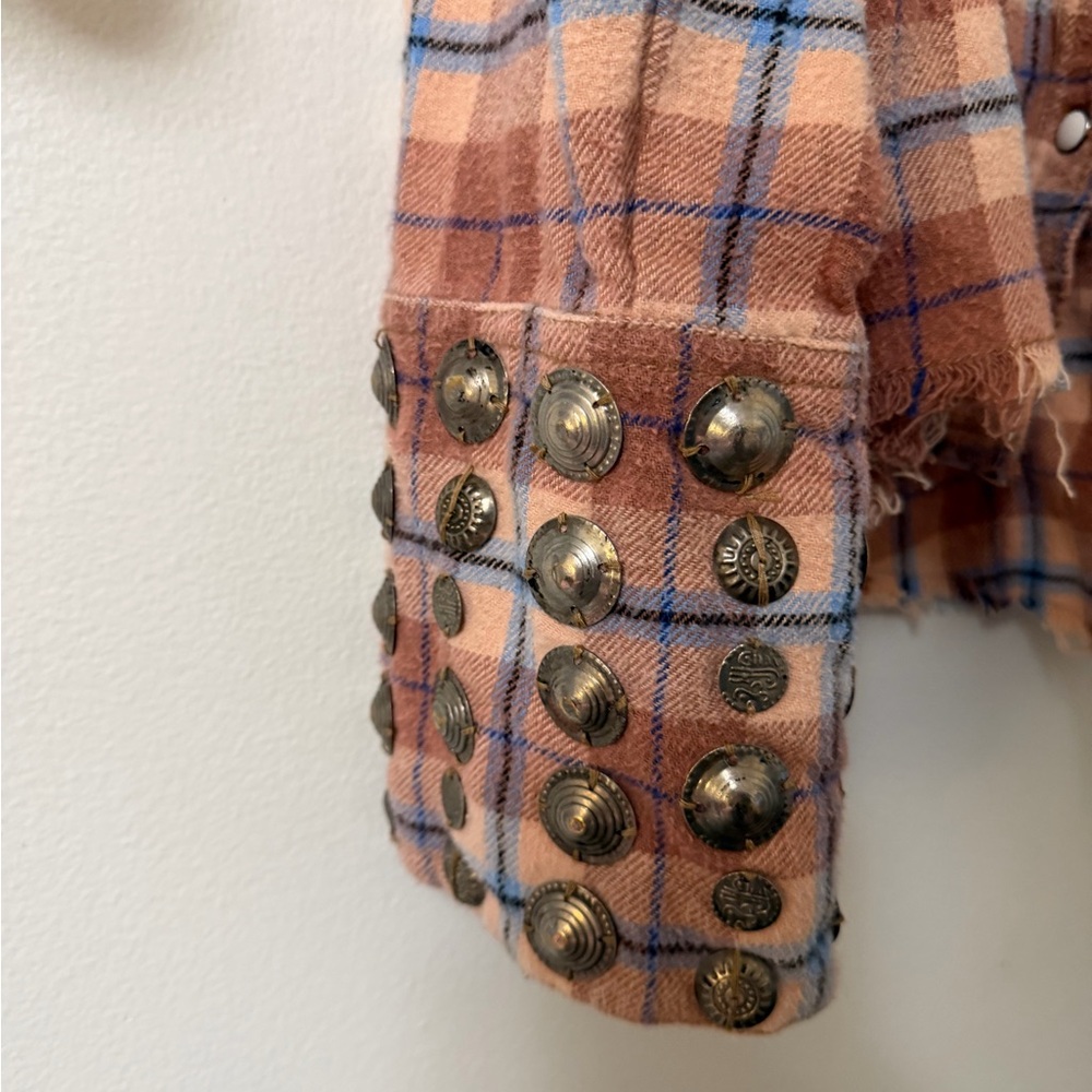 Free People We The Free Happy Hour Oversized Flannel Shirt Tan Blue - Picture 5 of 6